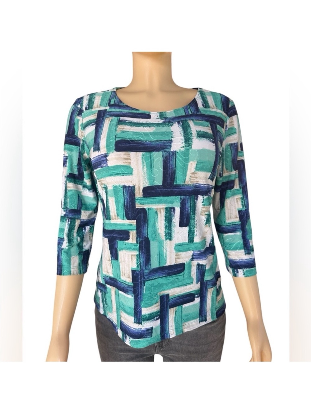 JM Collection Abstract Brushstroke Scoop Neck Women's Top in Teal White and Navy